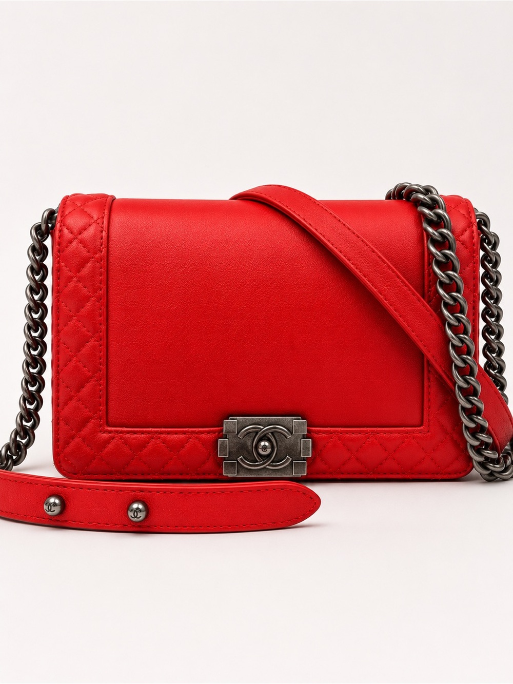 Authentic CHANEL Red Lambskin medium Boy Reverso Bag with Aged Ruthenium